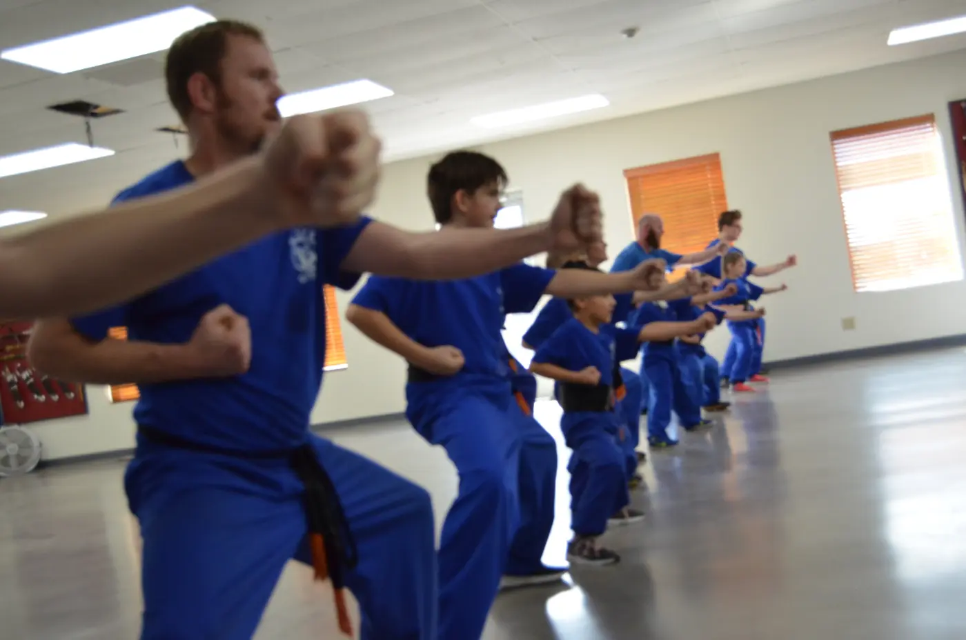 A row of students in horse stance punching